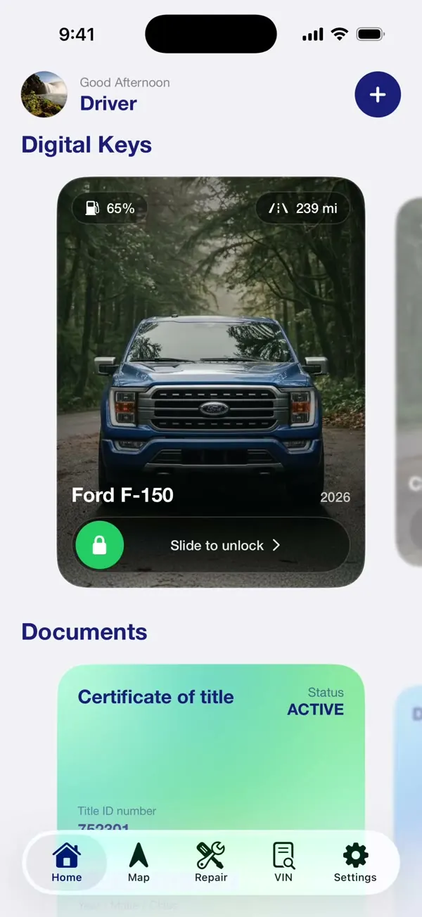 CarConnect app Home screen: a locked Ford F-150 with 65% fuel and 239 mi range, and a Slide to unlock control